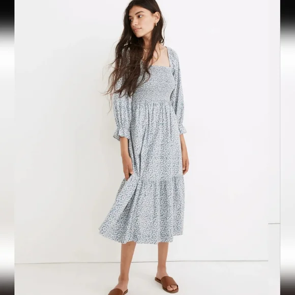 Madewell Lucie Elbow-Sleeve Smocked Midi Dress In Sunflower Field Ocean Blue - Picture 4 of 15